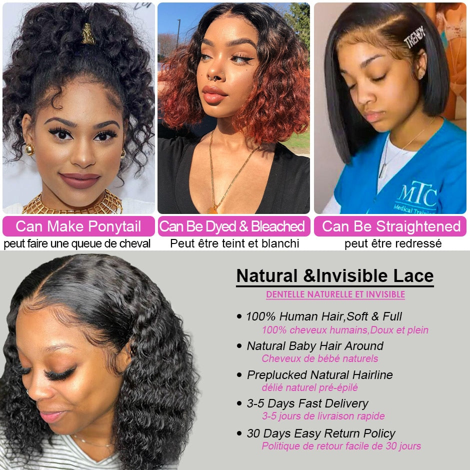 Natural Hairline Deep Wave Bob Lace Frontal Wig - inneroasisco