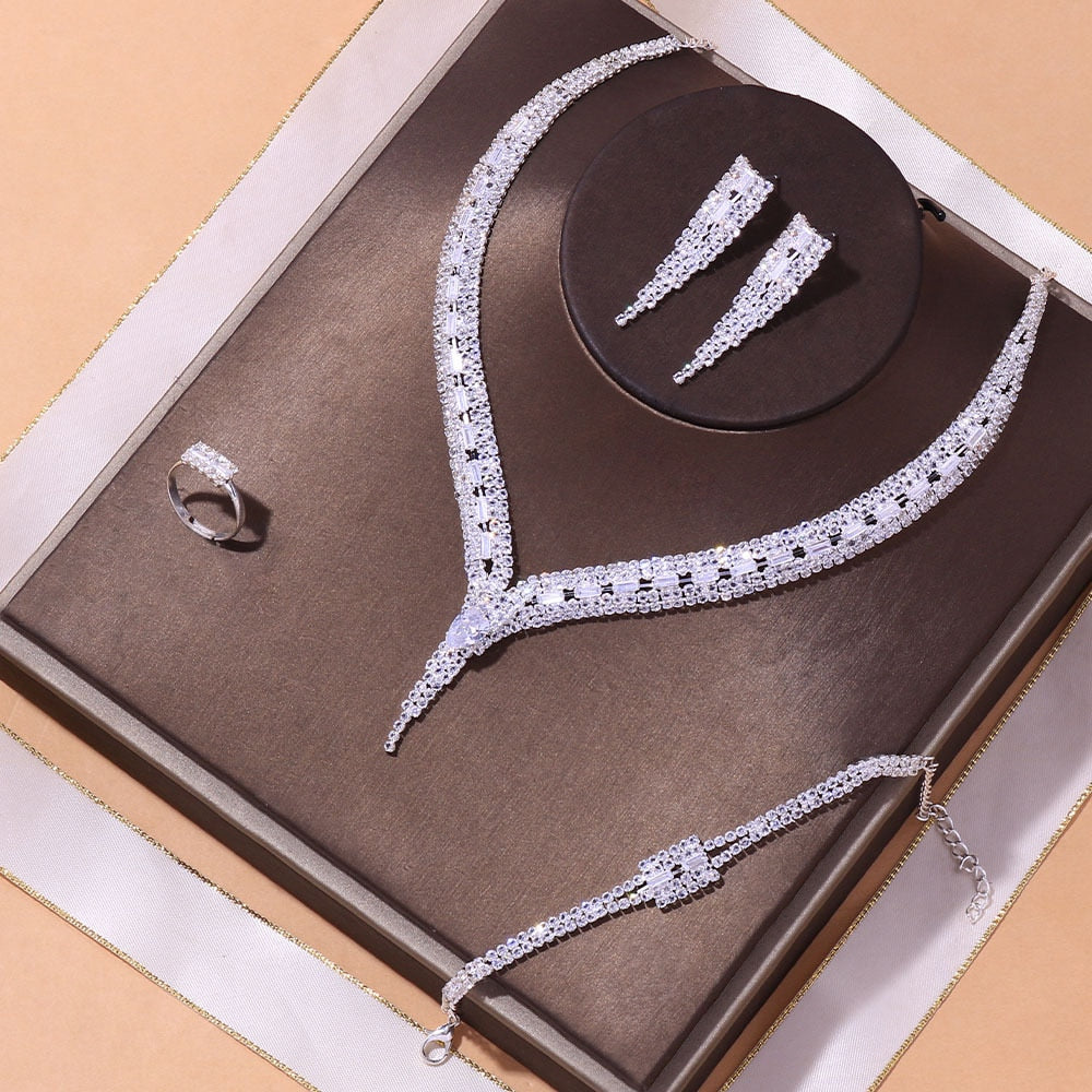 Geometric Zircon Necklace Earring Bracelet Ring Set - inneroasisco