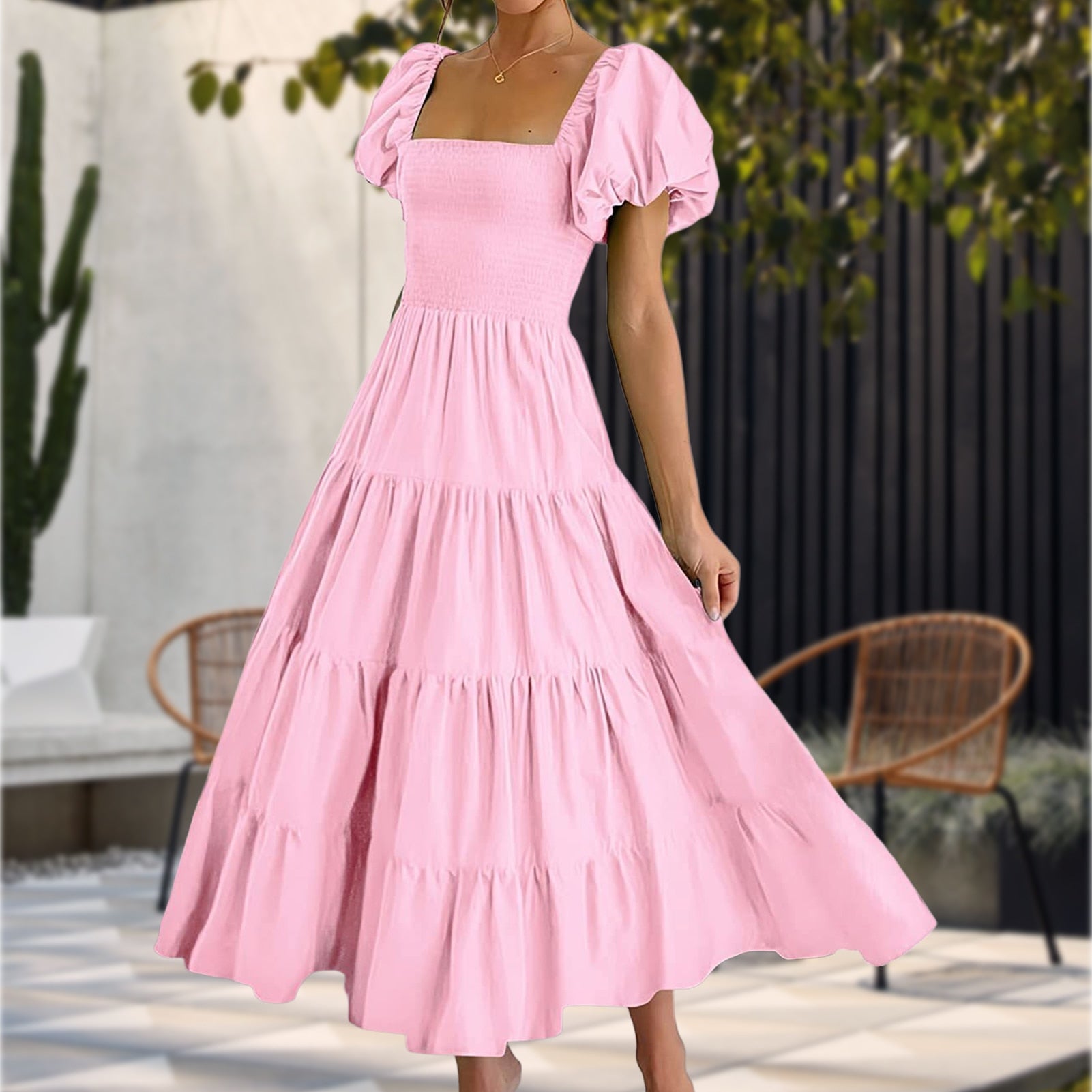 Women Midi Dress Short Sleeve Square Neck Long Bodycon Dress Puffy A-Line Dress Smocked Tiered Solid Color for Cocktail Wedding - inneroasisco