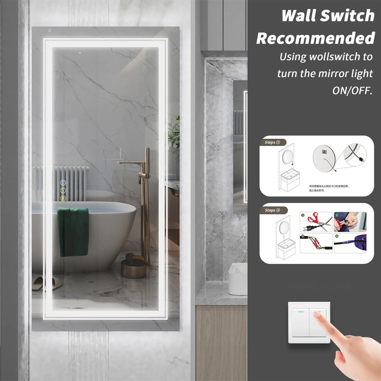 LED Extra Large Rectangle Bathroom Mirror Dimmable Backlit Anti-Fog Memory