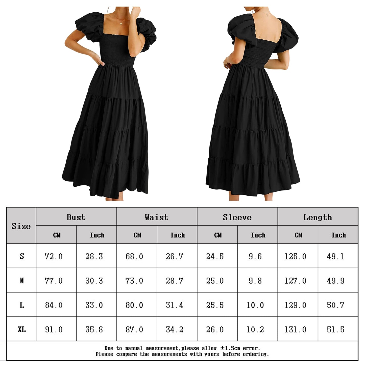 Women Midi Dress Short Sleeve Square Neck Long Bodycon Dress Puffy A-Line Dress Smocked Tiered Solid Color for Cocktail Wedding - inneroasisco