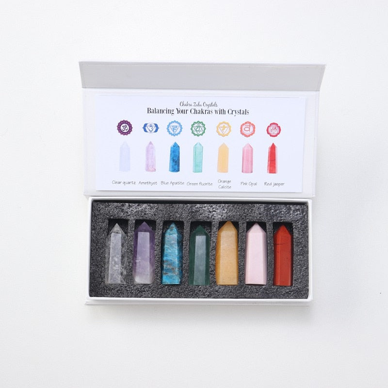 Natural 7 Chakra Quartz Crystal Gemstone Healing Therapy Set W/ Gift Box - inneroasisco