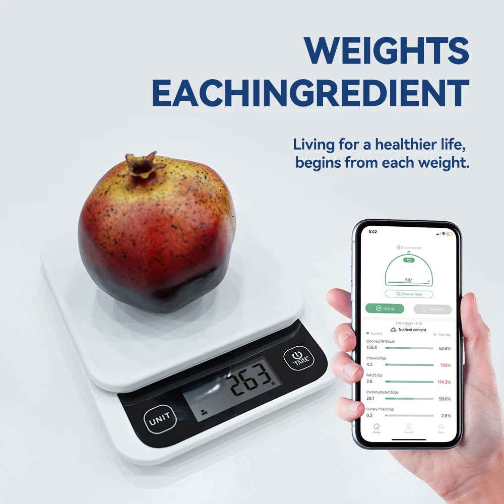 0-1kg/0.1g, 1-5kg/1g, Smart Kitchen Scales Nutrition Food Calorie Scale LCD Digital Kitchen Scale Cooking Baking Scale with App